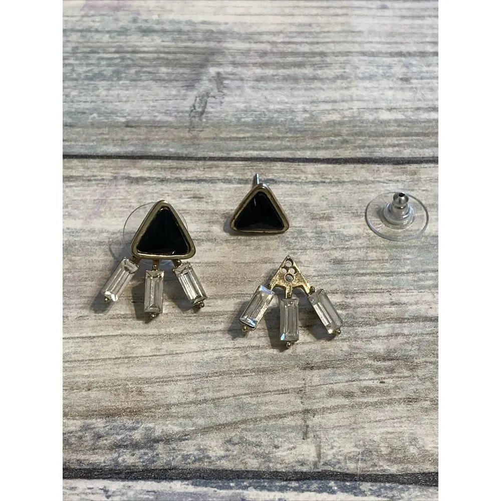 Black Gold Tone 3 pcs EARRINGS‎ Posts Triangle Rhinestones Costume Jewelry